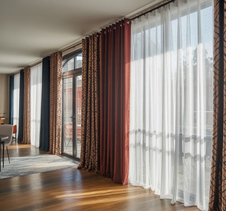 Bele transparentne zavese sa teškim draperijama u otvorenom prostoru