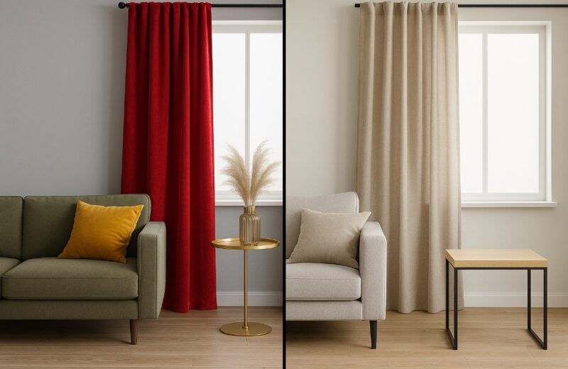 Poređenje dva enterijera - jedan sa zavesom crvene boje koja se ne uklapa u enterijer i drugi sa bež zavesama usklađenim sa svetlim drvetom i neutralnim tonovima prostora