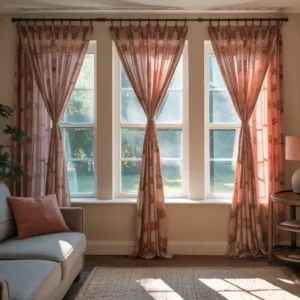 Ružičaste klasične zavese i draperi u istoj boji u dnevnoj sobi