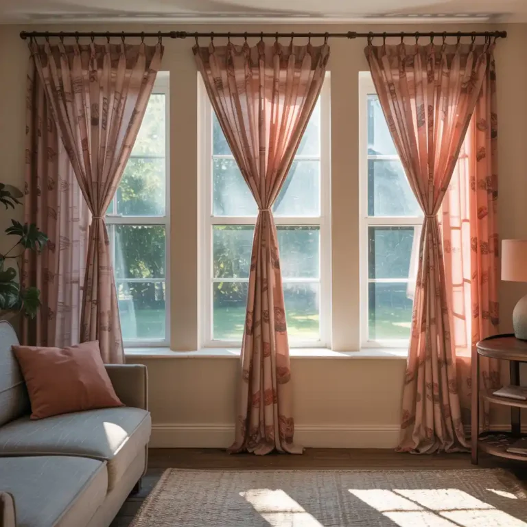 Ružičaste klasične zavese i draperi u istoj boji u dnevnoj sobi