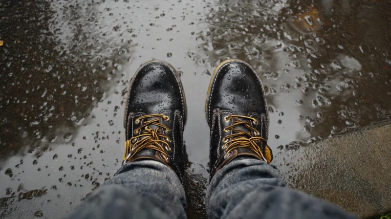 Radne cipele iz perspektive radnika, na kisi