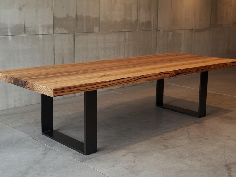 Masivni industrijski trpezarijski sto od punog drveta sa vidljivim godovima i crnim metalnim nogama u modernom betonskom enterijeru.