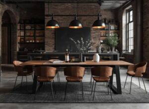 Industrijska trpezarija sa masivnim drvenim stolom, metalnim nogarama, kožnim stolicama i visećim crnim industrijskim lampama u loft prostoru sa zidovima od cigle.