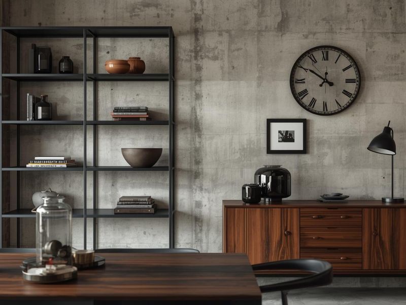 Industrijski enterijer sa otvorenim metalnim policama, drvenom komodom, zidnim satom i minimalističkim dekorom.