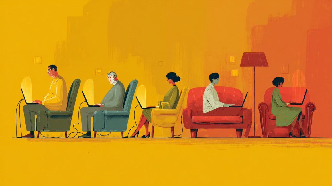 Ilustracija ljudi koji sede i koriste laptopove u nizu