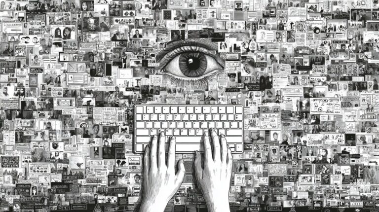 Ilustracija oka iznad tastature okružene mozaikom fotografija i informacija koje simbolizuju digitalni svet