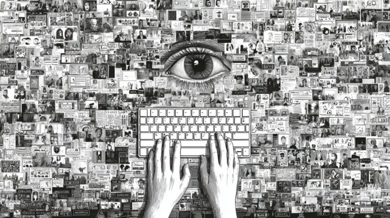 Ilustracija oka iznad tastature okružene mozaikom fotografija i informacija koje simbolizuju digitalni svet