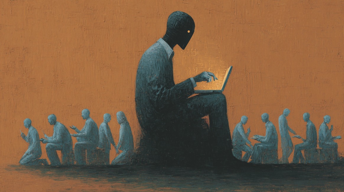 Ilustracija osobe sa laptopom dok više manjih figura sedi oko nje