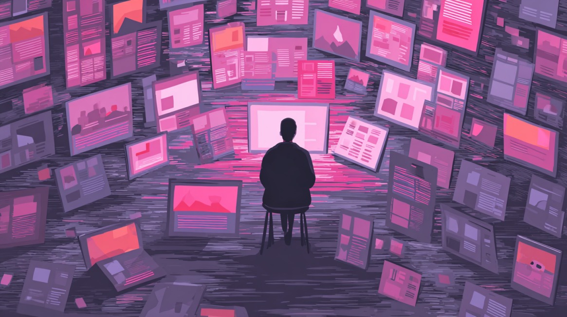 Osoba sedi ispred ekrana okružena mnoštvom digitalnih prozora i sadržaja