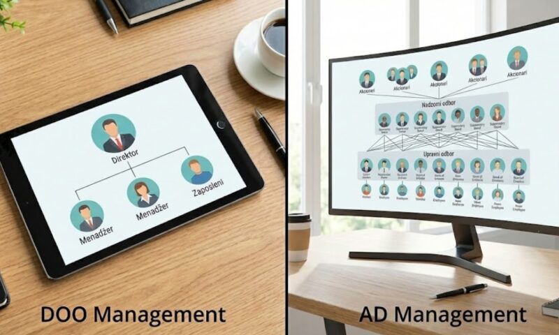 DOO karakteriše jednostavna struktura i brzo odlučivanje, dok AD zahteva složenu organizaciju