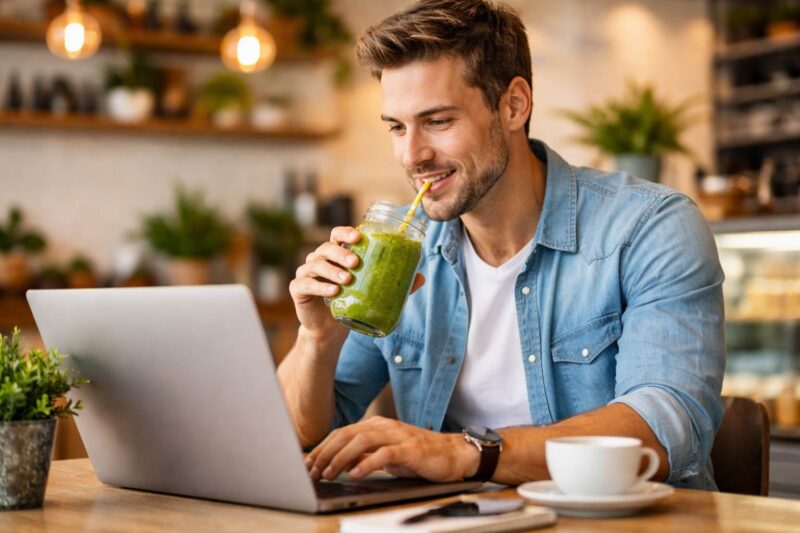 Covek u kaficu radi i pije zdrav napitak