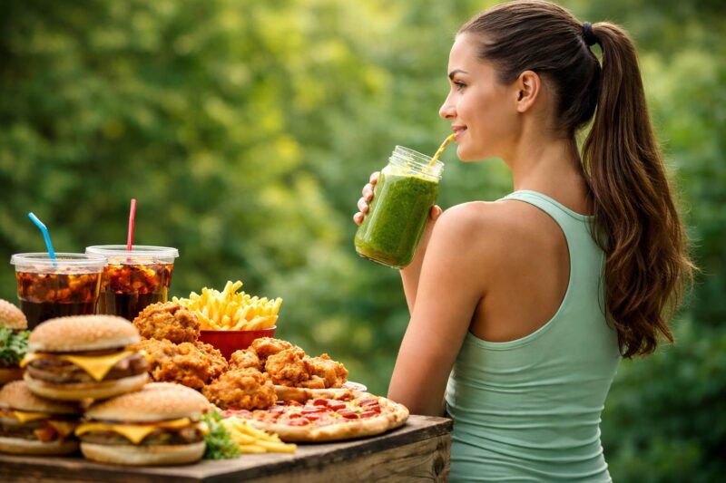 Devojka koja je okrenula ledja fast fudu, a pije smuti