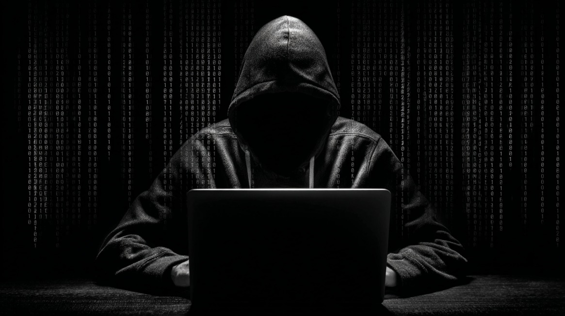 Osoba sa kapuljačom sedi za laptopom u mračnom digitalnom okruženju