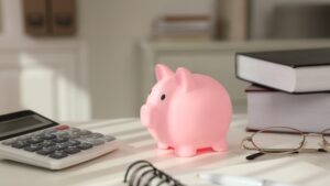 Kasica prasica na stolu pored digitrona, knjiga i naočara kao simbol kontrole finansija u biznisu