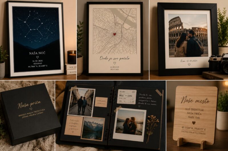 Kolaž personalizovanih uspomena za par, uključujući mapu mesta upoznavanja, prikaz noćnog neba, uramljenu fotografiju sa putovanja, album uspomena i graviranu drvenu ploču