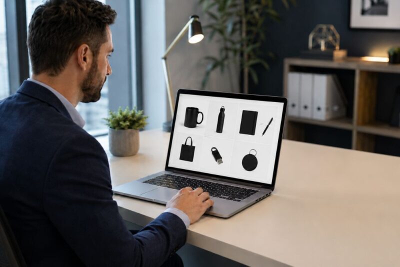 Poslovni čovek bira reklamne proizvode iz digitalnog kataloga na laptopu