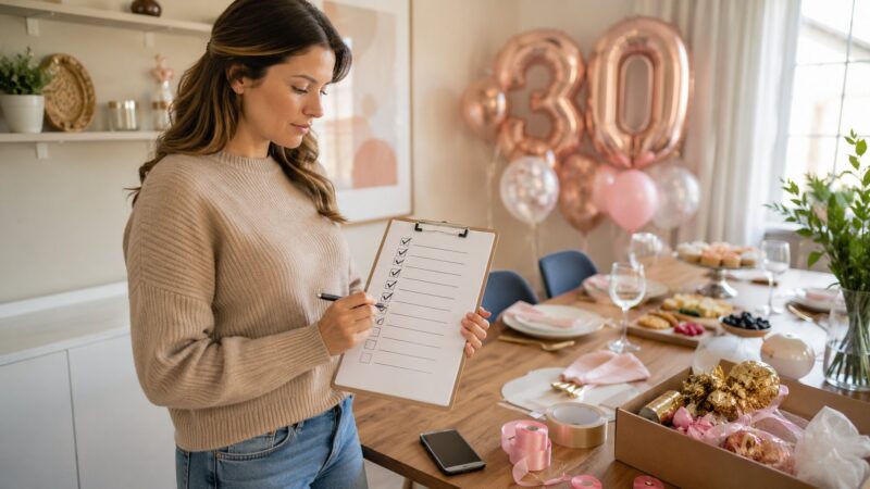Žena sa olovkom u ruci proverava spisak obaveza dok priprema sto za 30. rođendan