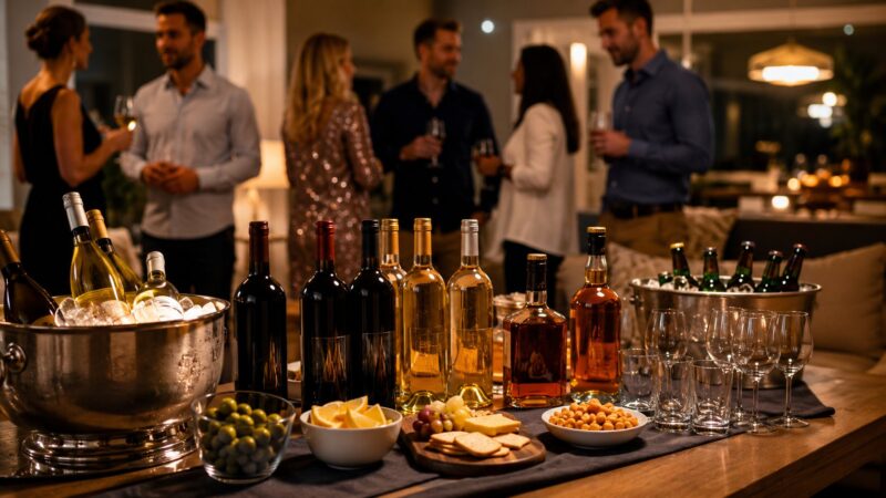 Alkoholna pića, čaše i grickalice poređani na stolu tokom kućne zabave