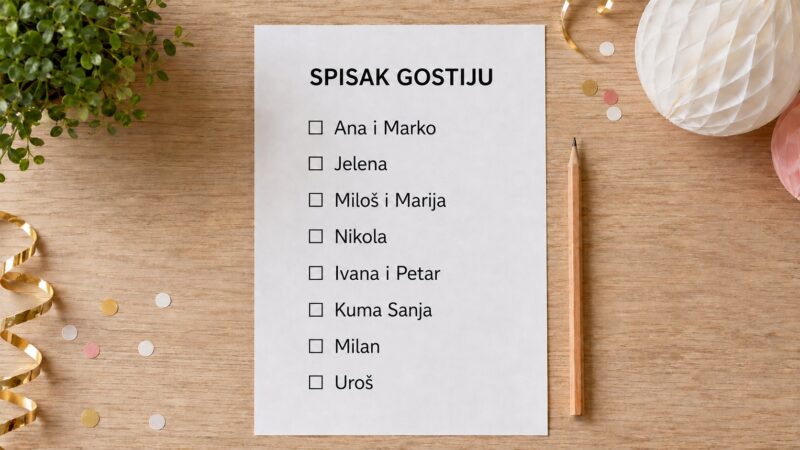 Spisak gostiju postavljen na drvenom stolu