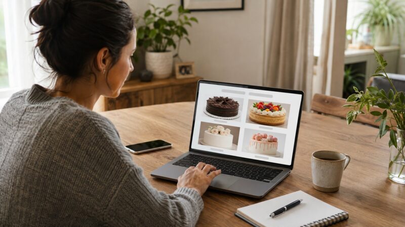 Žena za stolom na laptopu razgleda različite torte koje želi da poruči