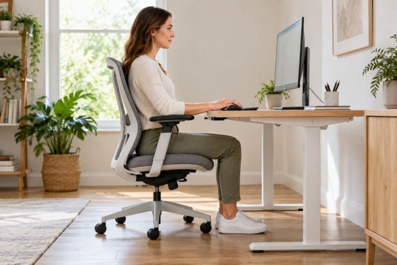 Žena pravilno sedi na ergonomskoj stolici ispred računara.